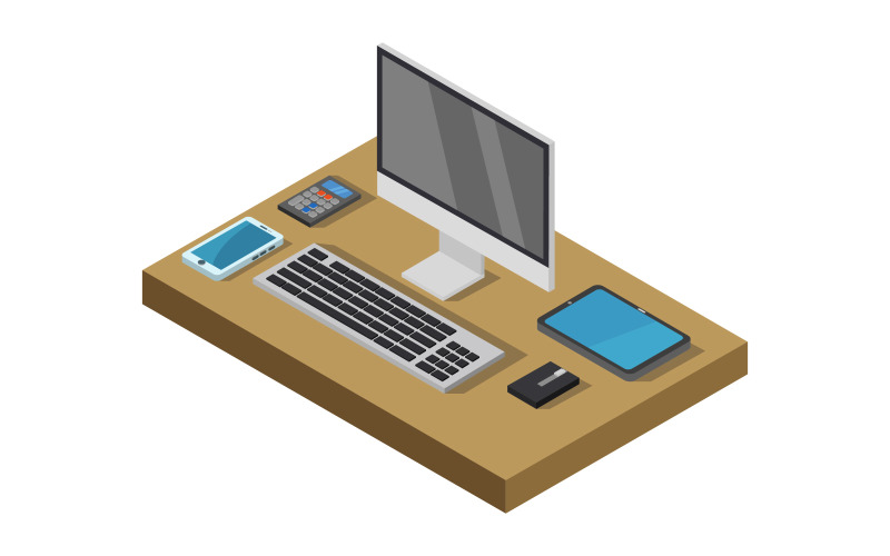 Isometric Office Desk On A White Background Vector