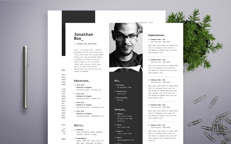 Download Резюме "John Boo | Senior Web Developer Resume Template" / John Boo | Senior Web Developer Resume Template - Резюме на тему графика professional,resume,cv,clean,business,corporate,documents,paper,curriculum,vitae,job,works,fresh,graduate,web,designer,developer,coder,freelancer