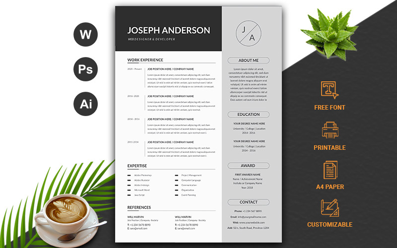 Download Резюме "Modern Resume Template" / Modern Resume Template - Резюме на тему графика cv,rsume,template,layered,modern,photoshop,minimal,letter,printable,lawyer,profational,creative,eaditable,word,indesign,cvdesign,docx,jobecv,elegent,portfolio