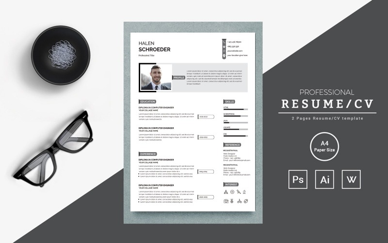 Download Резюме "Clean and creative Halen Resume Template" / Clean and creative Halen Resume Template - Резюме на тему графика clean,cv,design,elegant,resume,feminine,infographic,letter,minimalist,modern,portfolio,professional,indesign,minimal,pages