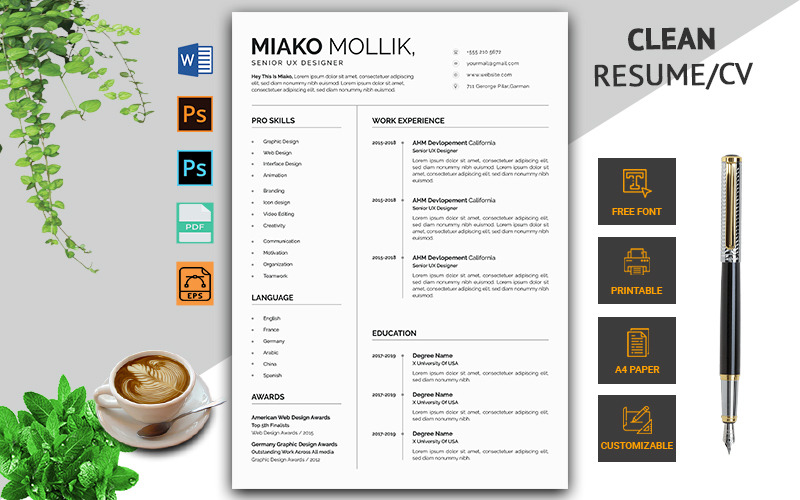 Download Резюме "Clean CV Resume Template" / Clean CV Resume Template - Резюме на тему графика professional,clean,resume,template,fully,layered,modern,minimal,profational,creative,eaditable,word,indesign,cvdesign,jobecv,elegent,portfolioundefined,printable