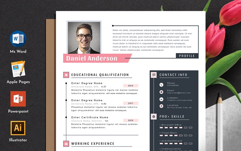 Plantilla de currículum vitae editable de MS Word para páginas de Apple creativas y modernas