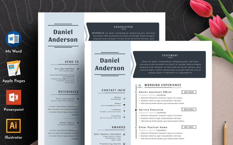 Plantilla de currículum vitae editable limpia y creativa Word Apple Pages