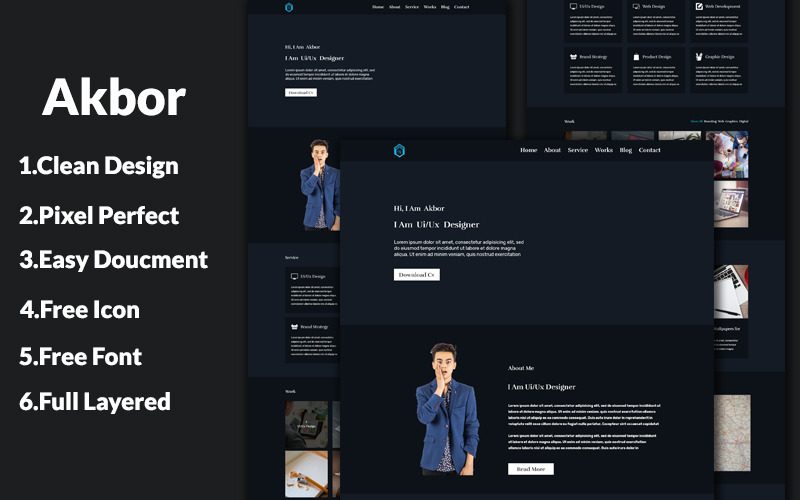 Download PSD шаблон "Akbor one Page Personal PSD Template" / Akbor one Page Personal PSD Template - PSD шаблон на тему графика cv,freelancer,individual,personal,website,portfolio,profile,resumeundefined