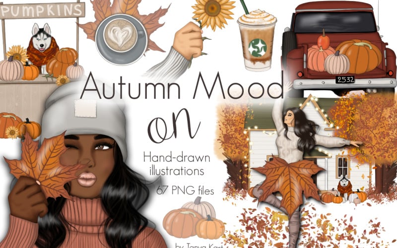 Download Иллюстрация "Autumn Mood On Clipart & Pattern - Illustration" / Autumn Mood On Clipart & Pattern - Illustration - Иллюстрация на тему графика fashion,illustration,planner,girl,afro,autumn,mood,clipart,fall,design,diy,craft,digital,paper,pack,girl,surface,patterns,design,orange
