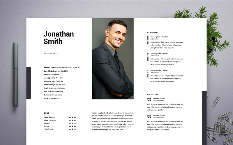 Download Резюме "Jonathan Smith | Web Designer Resume Template" / Jonathan Smith | Web Designer Resume Template - Резюме на тему графика professional,resume,cv,clean,business,corporate,documents,paper,curriculum,vitae,job,works,fresh,graduate