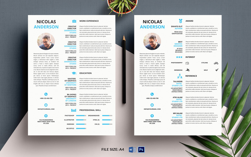 Download Резюме "Simple Resume Template" / Simple Resume Template - Резюме на тему графика blue,classic,clean,resume,editable,fresh,and,full,microsoft,word,minimalist,print,ready,printable,psd,simple,template,white