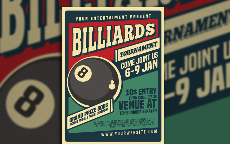 Download Фирменный стиль "Billiard Tournamet Flyer - Corporate Identity Template" / Billiard Tournamet Flyer - Corporate Identity Template - Фирменный стиль на тему графика advertising,ball,balls,bar,billiards,club,competition,cue,design,entertaint,event,flyer,template,magazine,pool,post,print,ready,promotion,pub