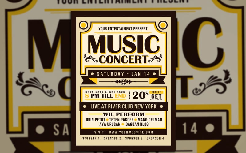 Download Фирменный стиль "Vintage Music Concert Typography - Corporate Identity Template" / Vintage Music Concert Typography - Corporate Identity Template - Фирменный стиль на тему графика 60s,alternative,bar,blue,blues,classic,club,concert,country,event,fest,festival,gold,grunge,indie,jazz,movie,music,nightclub,old