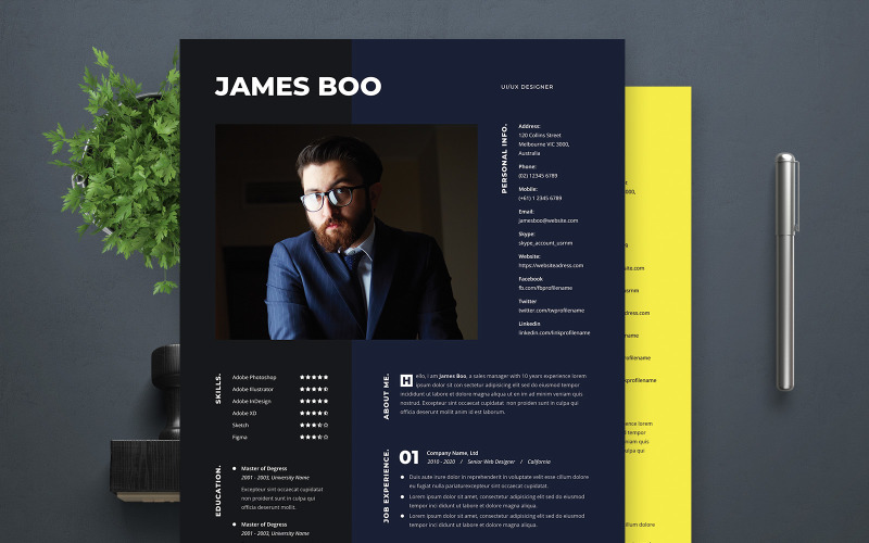 Download Резюме "James Boo | UI/UX Designer Resume Template" / James Boo | UI/UX Designer Resume Template - Резюме на тему графика professional,resume,cv,clean,business,corporate,documents,paper,curriculum,vitae,job,works,fresh,graduate