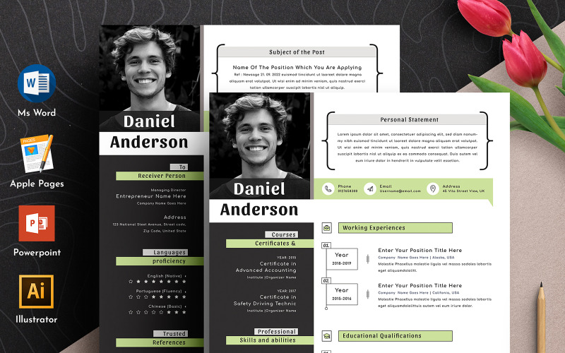 Modello di curriculum modificabile creativo e moderno in formato Word Apple Pages