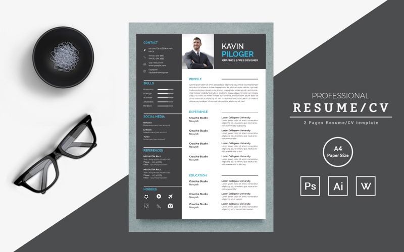 Download Резюме "Word Kavin Resume Template" / Word Kavin Resume Template - Резюме на тему графика a4,business,card,clean,cv,resume,creative,curriculum,vitae,set,template,document,docx,indesign,line,minimalist,modern,portfolio,professional,word