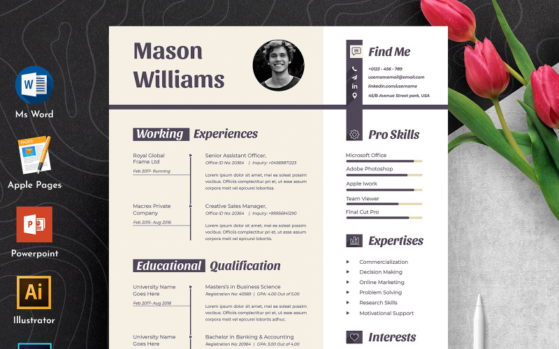 Mason Clean & Professional bearbeitbare Word-Apple-Seiten Lebenslauf-Lebenslauf-Vorlage