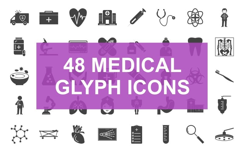 Download Набор иконок "Medical Glyph Black Icon Set" / Medical Glyph Black Icon Set - Набор иконок на тему графика ambulance,bandage,bio,hazard,biology,brain,caduceus,lotion,ecg,excretory,first,aid,heart,hospital,syringe,stethoscope,doctor,medicine,microscope,medical