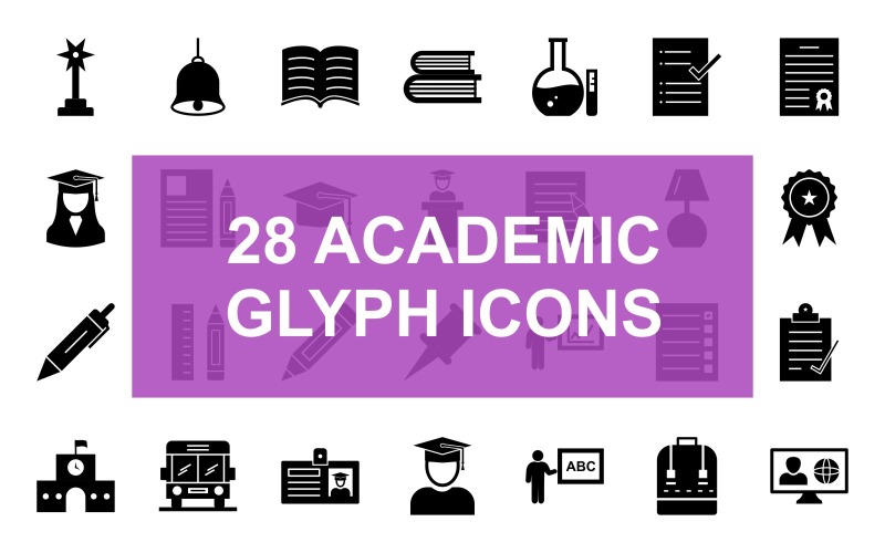Download Набор иконок "Academic Glyph Black Icon Set" / Academic Glyph Black Icon Set - Набор иконок на тему графика award,bell,book,books,chemistry,correct tick,diploma,events,calendar,female student,forms,graduate cap,guest speaker,home work,lamp,medal,news,pen,pencil and ruler,pencil