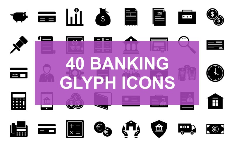40 bankovní glyf černá sada ikon