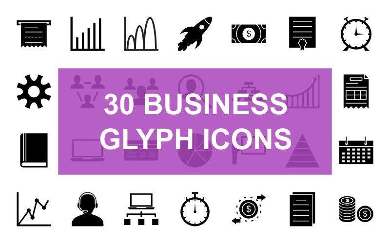 Download Набор иконок "30 Business Management Glyph Black Icon Set" / 30 Business Management Glyph Black Icon Set - Набор иконок на тему графика atm,receipt,bar,chart,bell,shaped,graph,business,launch,cash,certificate,clock,coins,configurations,connected,users,employees,find,user,flowchart