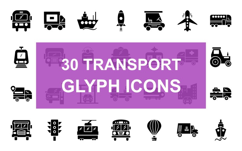 30 Conjunto de ícones pretos de glifo de transporte