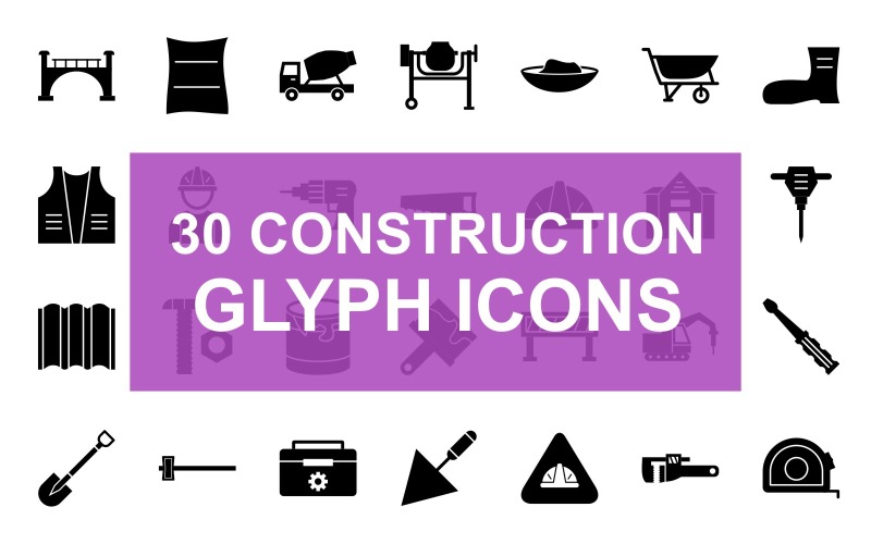 Download Набор иконок "Construction Glyph Black Icon Set" / Construction Glyph Black Icon Set - Набор иконок на тему графика cement bag,cement mixer,truck,mixing,cement tray,cement trolley,construction boots,construction cone,construction jacket,worker,drill,handsaw,helmet,house,jack hammer,measuring tape,metal she