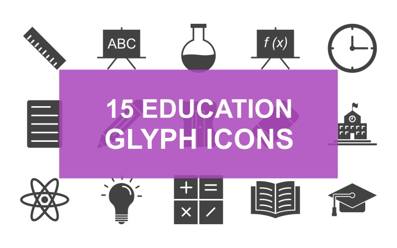 Download Набор иконок "Education Glyph Black Icon Set" / Education Glyph Black Icon Set - Набор иконок на тему графика ruler,pencil,sharpener,rubber,school,book,atom,bulb,calculator,black,board,flask,formula,clock,graduation,cap,documentundefined