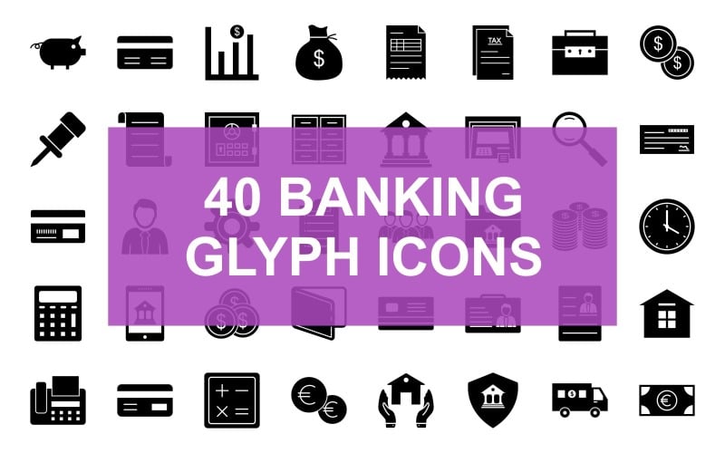 Ensemble d'icônes noir de 40 glyphes bancaires