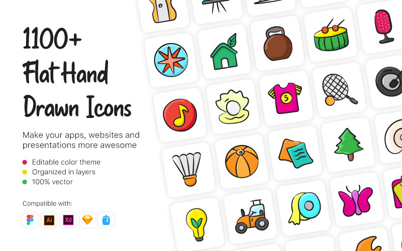 Download Набор иконок "Flat Hand Drawn Icon Set" / Flat Hand Drawn Icon Set - Набор иконок на тему графика flat,hand drawn,line,outline,art and craft,beauty and spa,birthday,business,childhood,education,electronics,home appliances,floral,food,halloween,hipster,household chores,love,music,nature