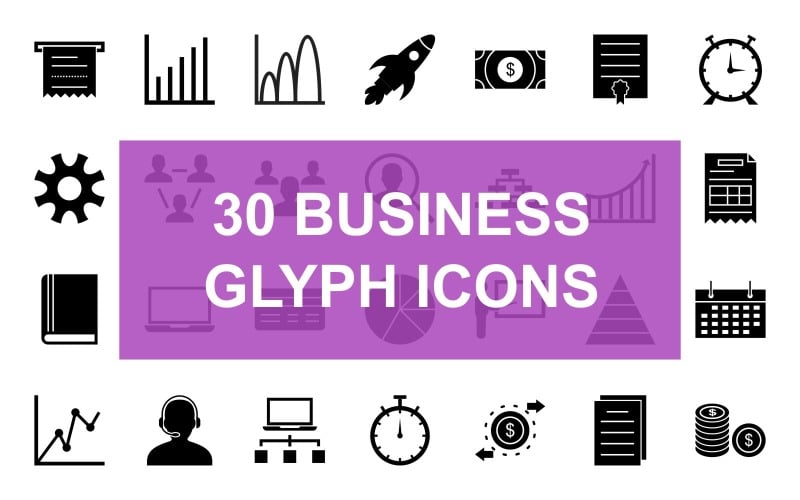 30 İşletme Yönetimi Glyph Black Icon Set