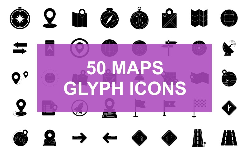 Download Набор иконок "50 Maps & Location Glyph Black Icon Set" / 50 Maps & Location Glyph Black Icon Set - Набор иконок на тему графика compass,marker,map,globe,direction,mobile,location,navigation,street,sign,target,satellite,dish,distance,worldwide,position,on,monitor,push,pin