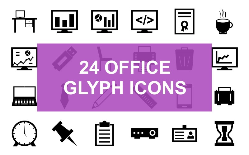 Download Набор иконок "24 Office Glyph Black Icon Set" / 24 Office Glyph Black Icon Set - Набор иконок на тему графика meta,description,analytics,screen,coding,diploma,tea,push,pin,clipboard,chat,usb,chair,printer,trash,diagram,on,projector,clock,laptop