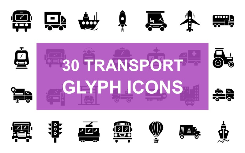Download Набор иконок "30 Transportation Glyph Black Icon Set" / 30 Transportation Glyph Black Icon Set - Набор иконок на тему графика school,bus,delivery,ship,rocket,golf,biggie,plane,train,scooter,cab,ambulance,tractor,truck,van,car,in,garage,cargo,bullet