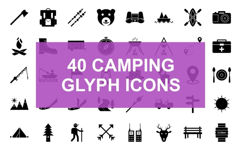 Download Набор иконок "Camping Glyph Black Set Icon" / Camping Glyph Black Set Icon - Набор иконок на тему графика axe,bag pack,barbecue,bear,binoculars,boat,camera,camp fire,camping boot,camping trailer,compass,cooking food,distance,first aid box,fishing rod,fishing,flag,camping,gas lamp,hat