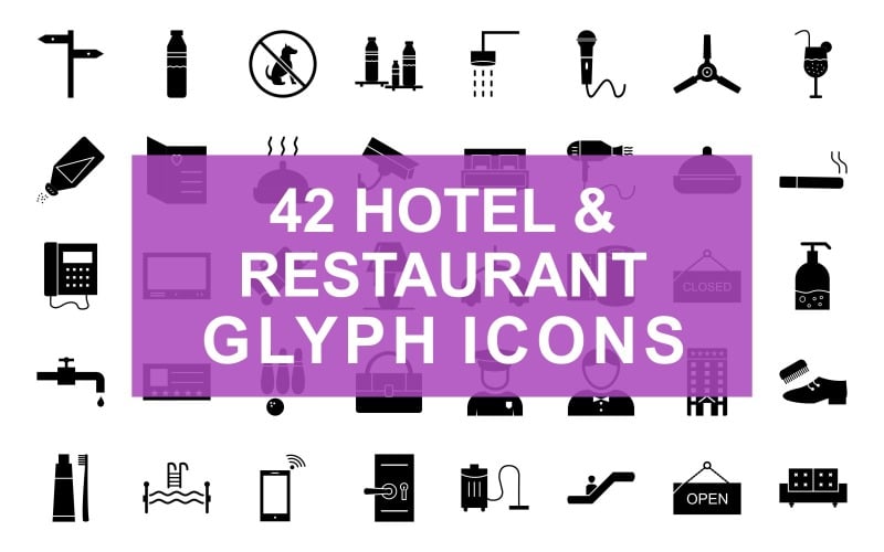 Download Набор иконок "Hotel & Restaurant Glyph Black Set Icon" / Hotel & Restaurant Glyph Black Set Icon - Набор иконок на тему графика direction,cctv camera,closed tag,tooth brush and past,two seats,atm machine,printer,tea cup,water bottle,no pet sign,bottles shelf,shower,microphone,fan,drink,salt bottle,open card,hot food,b
