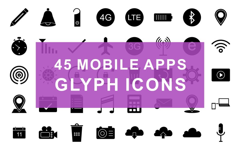 Download Набор иконок "Mobile Apps Glyph Black Set Icon" / Mobile Apps Glyph Black Set Icon - Набор иконок на тему графика mobile apps,edit,tick,delete,share,menu,unlock slide,lock,unlock,sound disabled,sound active,do not disturb,4g,lte,battery,bluetooth,location,alarm,signal,aeroplane mode