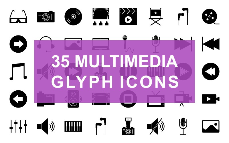 Multimédia glyf černá sada ikon