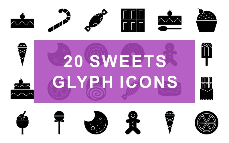 Download Набор иконок "Sweets Glyph Black Set Icon" / Sweets Glyph Black Set Icon - Набор иконок на тему графика lollipop,toffee,cake,candy stick,candy,chocolate biscuit,chocolate cake,cupcake,fudge cake,chocolate,cone,cookie,cookies,doughnut sprinkled,ginger bread,ice lolly,ice cream goblet,mouse cake,