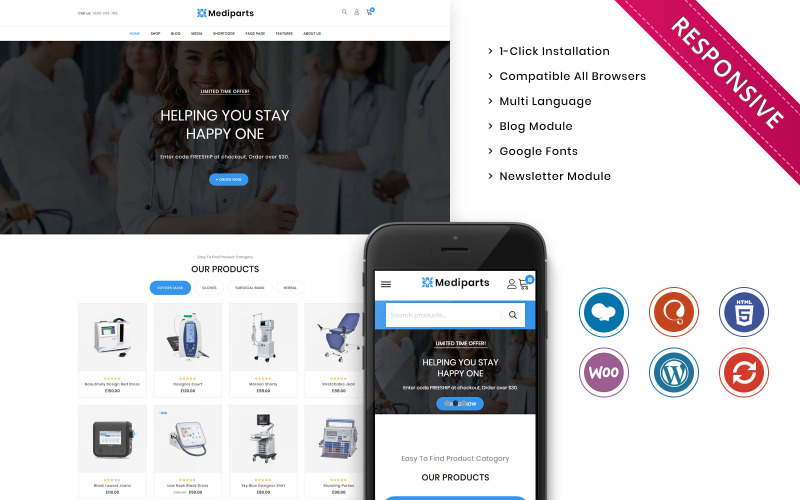 Mediparts - адаптивная тема WooCommerce для медицинского магазина