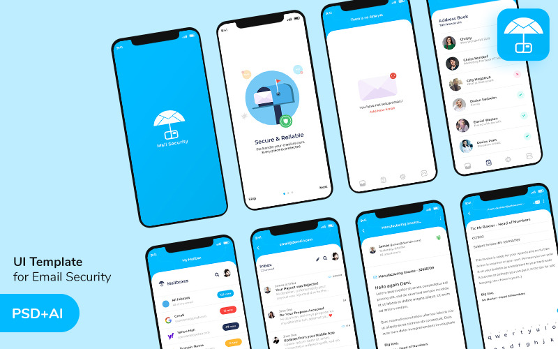 Elementos de interface do usuário do modelo de aplicativo de segurança de e-mail