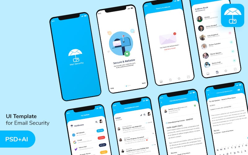 Elementos de la interfaz de usuario de la plantilla de la aplicación de seguridad de correo electrónico