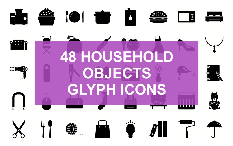 Download Набор иконок "Household Objects Glyph Black Set Icon" / Household Objects Glyph Black Set Icon - Набор иконок на тему графика household objects,toaster,roller pin,mixer,spoon and fork,spoons,baking glove,water glass,coffee cup,cocktail glass,cup cake,utensils,cooking pot,milk box,burger,microwave,bed,sofa,chair,glyp