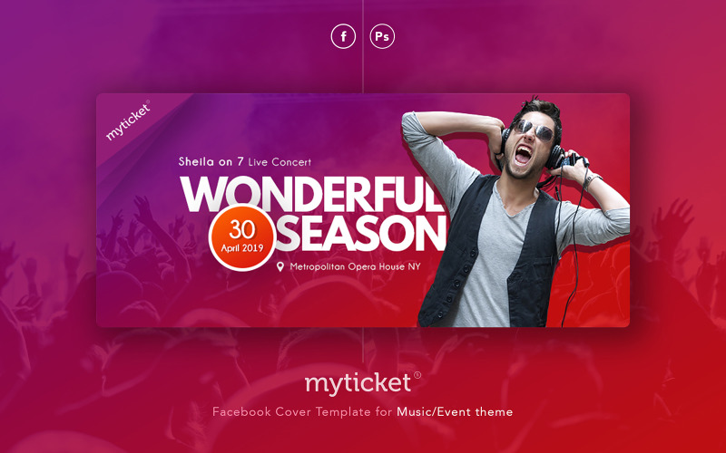 Download Шаблон для соцсетей "MyTicket - Event Music Facebook Cover Template for Social Media" / MyTicket - Event Music Facebook Cover Template for Social Media - Шаблон для соцсетей на тему графика music,event,gradient,modern,facebook,cover,template,web,elements,fb,concert,promo,artist