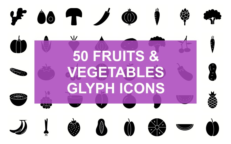 Frukt & grönsaker Glyph Black Set Ikon