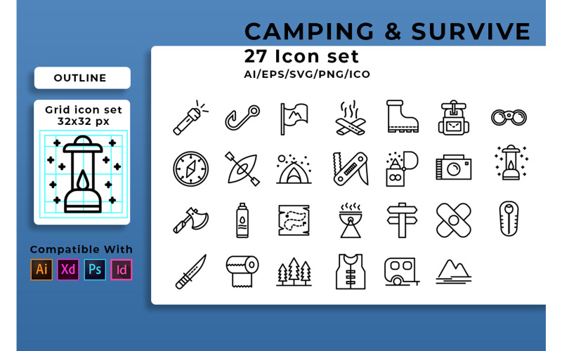 Camping y sobrevivir icono de conjunto