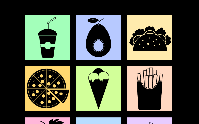Conjunto de ícones pretos de alimentos e bebidas
