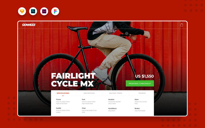 Elementos de la interfaz de usuario del aterrizaje del sitio web del detalle del producto de bicicleta Daily.V5