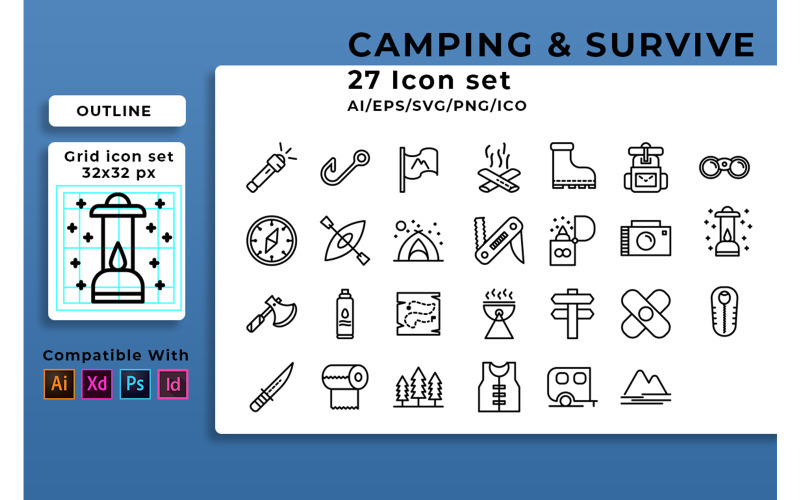 Kamp ve hayatta kalmak Icon Set