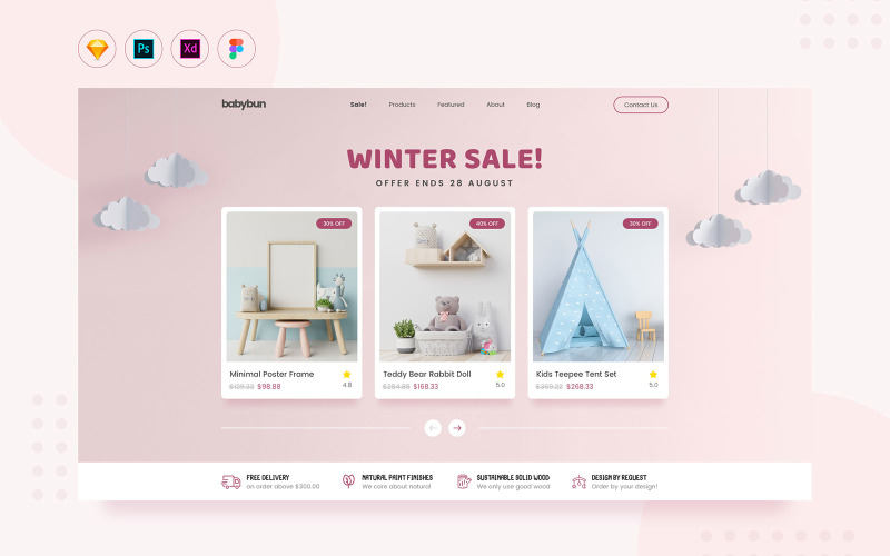 Download UI элементы "Daily- Nursery & Kids Furniture Product Website UI Elements" / Daily- Nursery & Kids Furniture Product Website UI Elements - UI элементы на тему графика baby,nursery,product,furniture,pink,website,user interface,ui,sale,winter,bear,teddy,tent,ecommerce,landing,figma,sketch