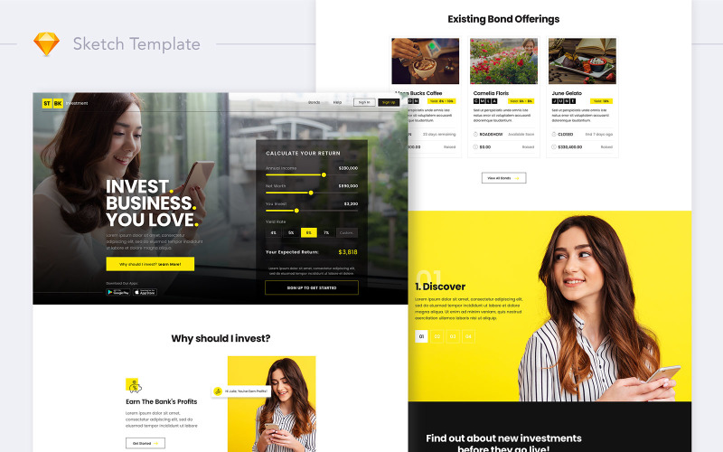 Download UI элементы "STBK Investment Website Landing Sketch Template UI Elements" / STBK Investment Website Landing Sketch Template UI Elements - UI элементы на тему графика finance,company,bond,investment,invest,startup,modern,yellow,young,trade,calculator,return,money,bank,corporate,elegant