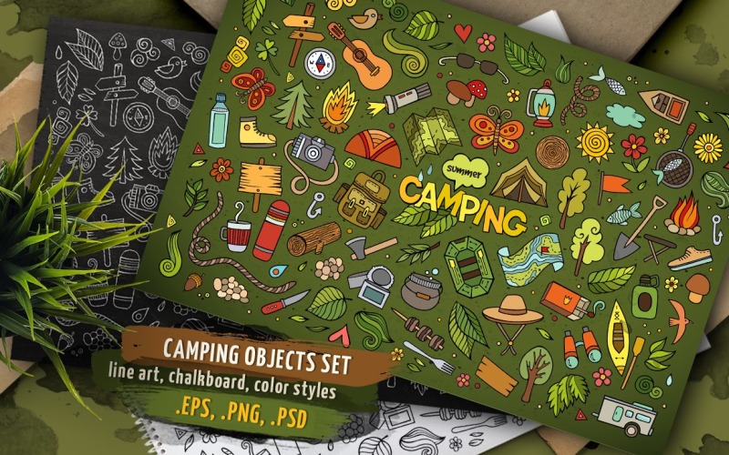 Conjunto de elementos y objetos de camping - Imagen vectorial