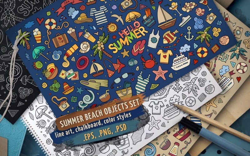 Conjunto de objetos e elementos de praia de verão - imagem vetorial