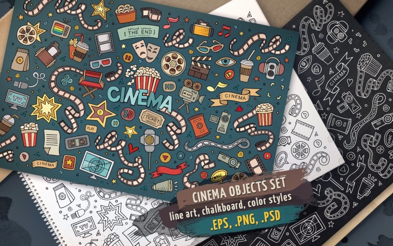 Conjunto de objetos y elementos de cine - Imagen vectorial